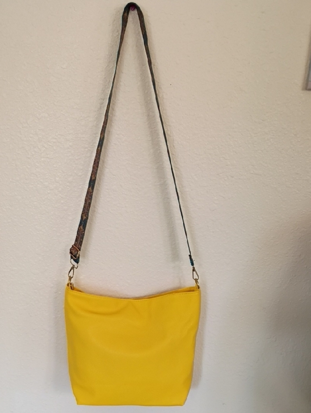 Women's Yellow Crossbody Bag with Patterned Strap - Picture 2 of 5